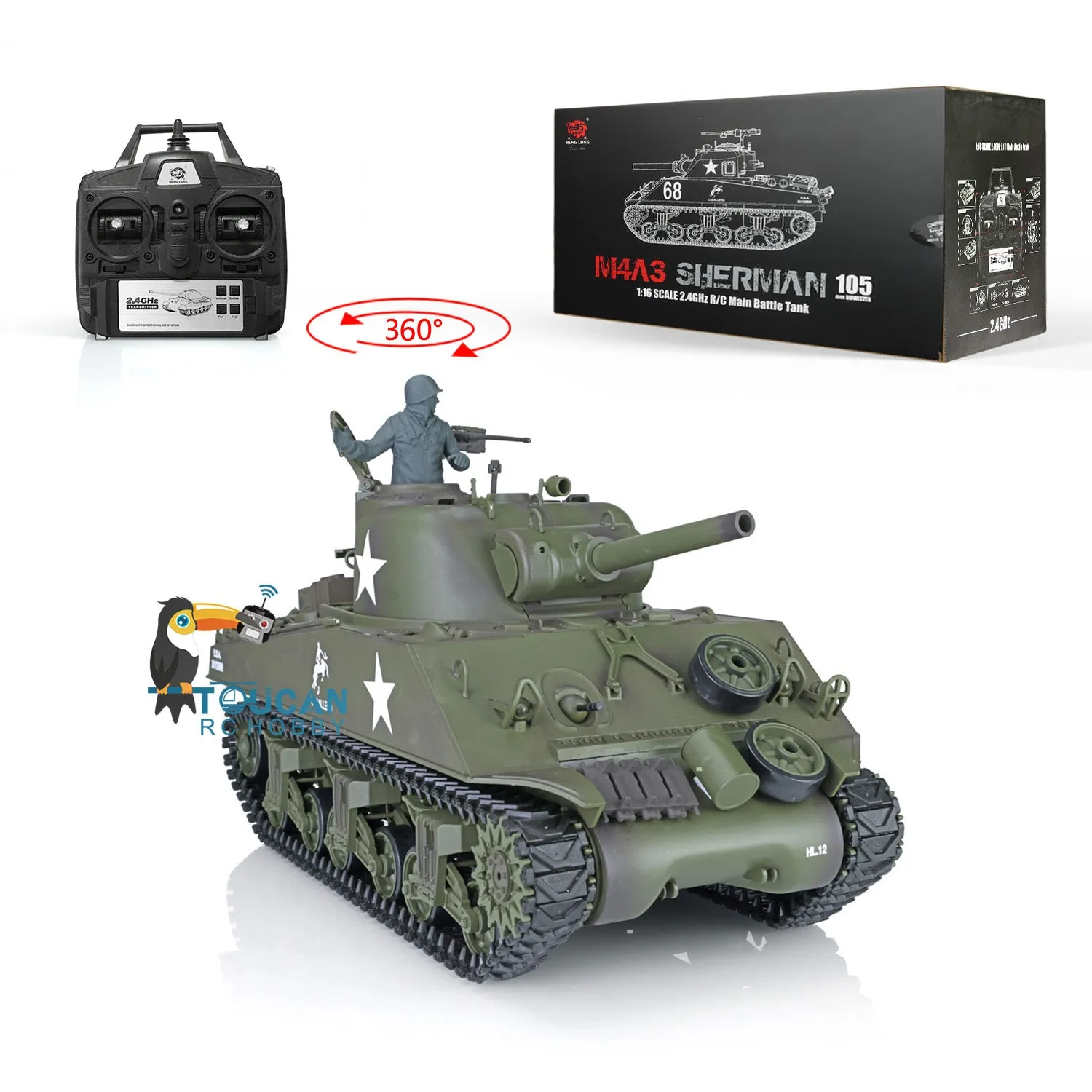 2.4G Henglong 1/16 Scale 7.0 Plastic M4A3 Sherman RTR RC Tank 3898 w/ 360Degrees Rotating Turret Short Barrel Smoking Outdoor Tank