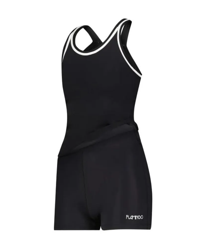 2ZBW Black White Trim 2 Piece Teen's Bathing Suit Tank with Shorts