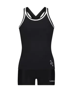 2ZBW Black White Trim 2 Piece Teen's Bathing Suit Tank with Shorts