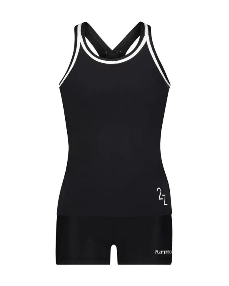 2ZBW Black White Trim 2 Piece Teen's Bathing Suit Tank with Shorts