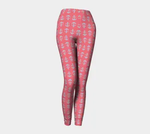Anchor Toss Adult Leggings - Light Blue on Coral