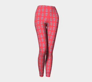Anchor Toss Adult Leggings - Light Blue on Darker Coral
