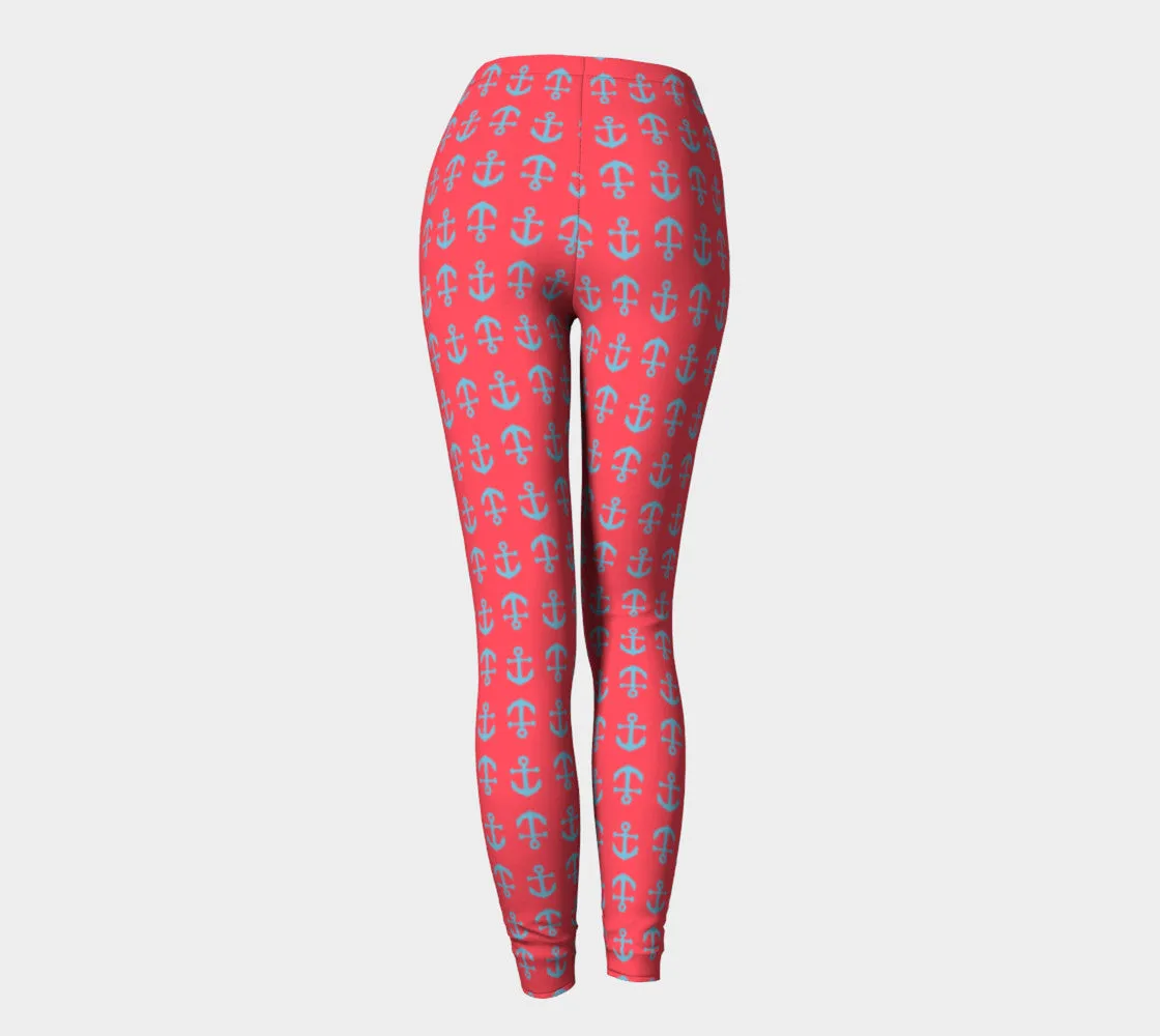 Anchor Toss Adult Leggings - Light Blue on Darker Coral