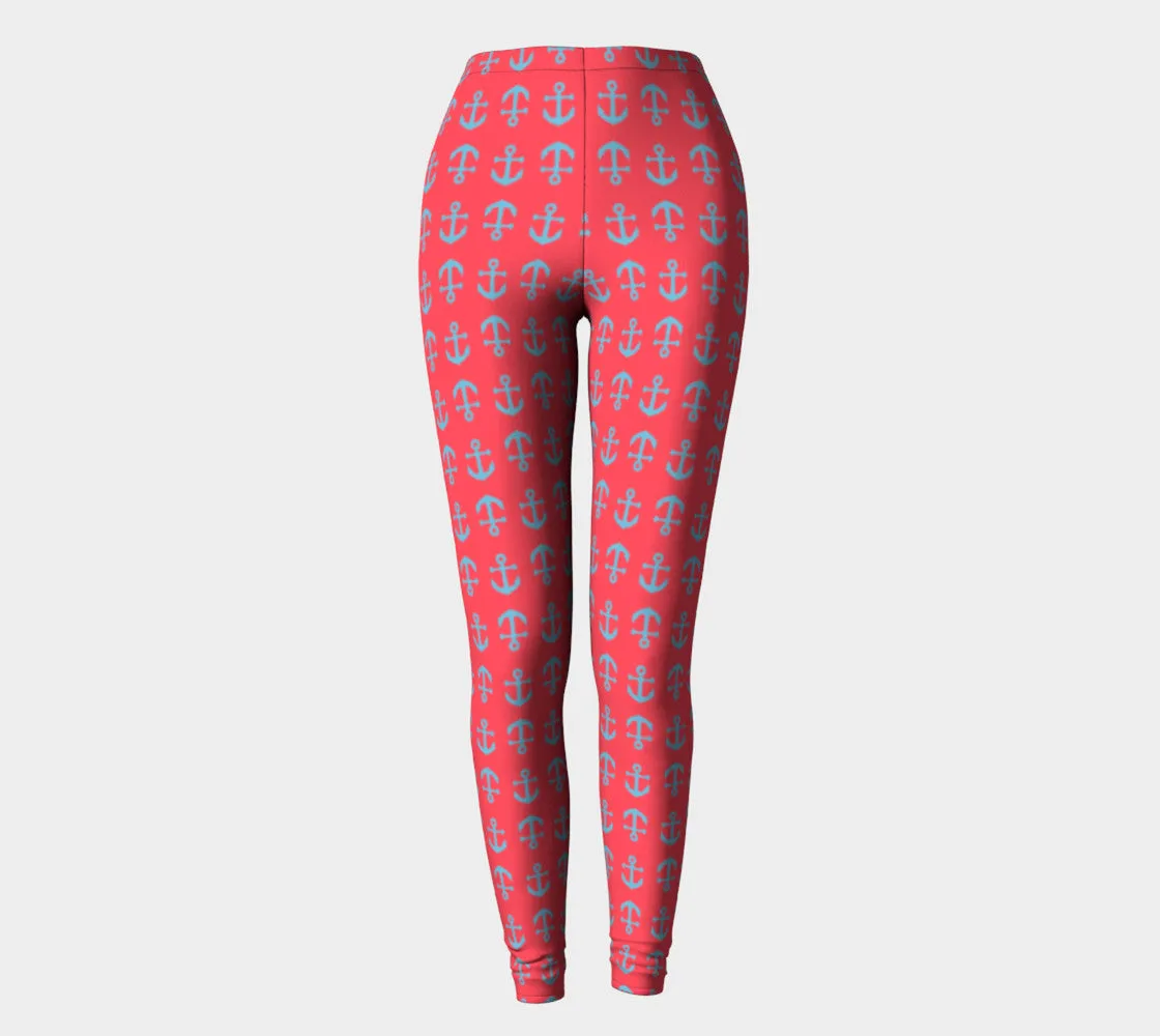 Anchor Toss Adult Leggings - Light Blue on Darker Coral