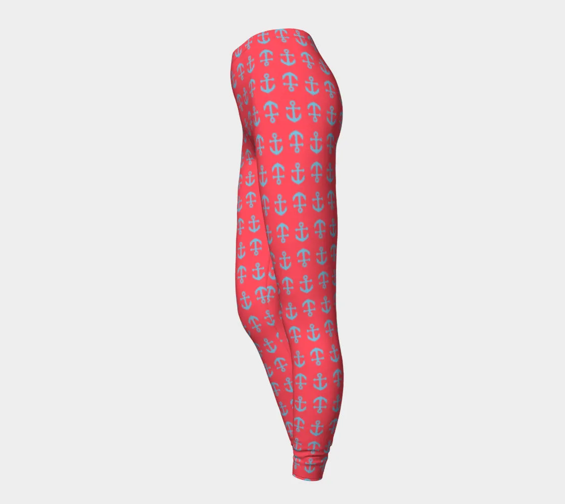 Anchor Toss Adult Leggings - Light Blue on Darker Coral