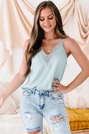Ask Me Nicely Satin Lace Trim Tank Top (Blue)
