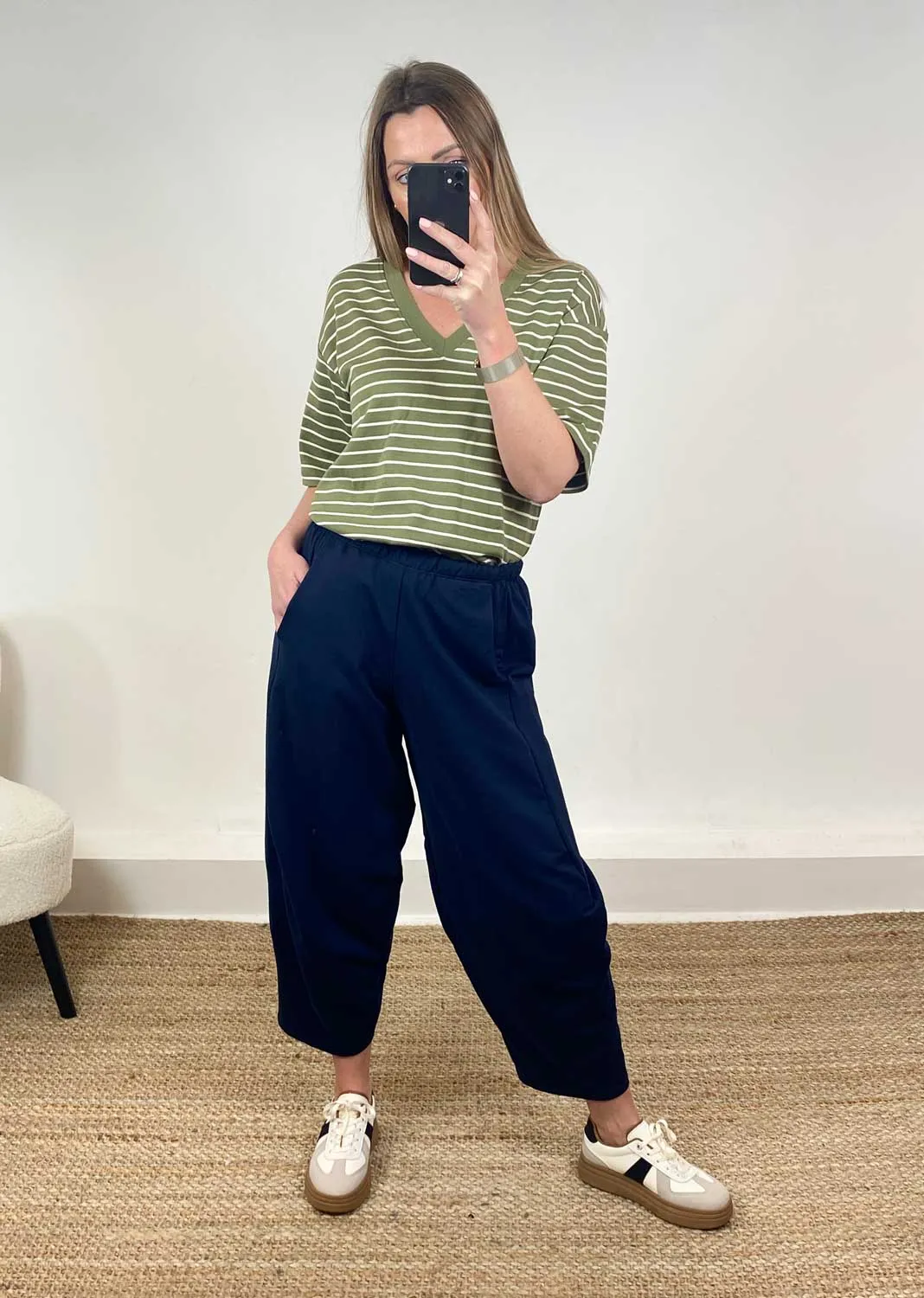 Aspen Jersey Barrel Pants in Navy