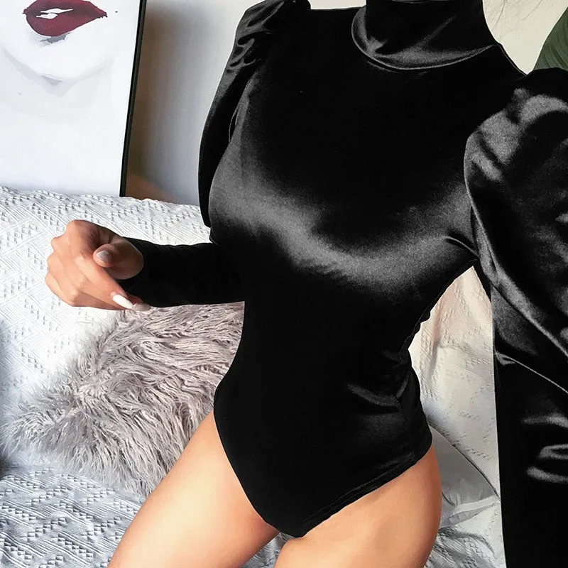 Black Satin Turtleneck Long Puff Sleeve Bodysuit