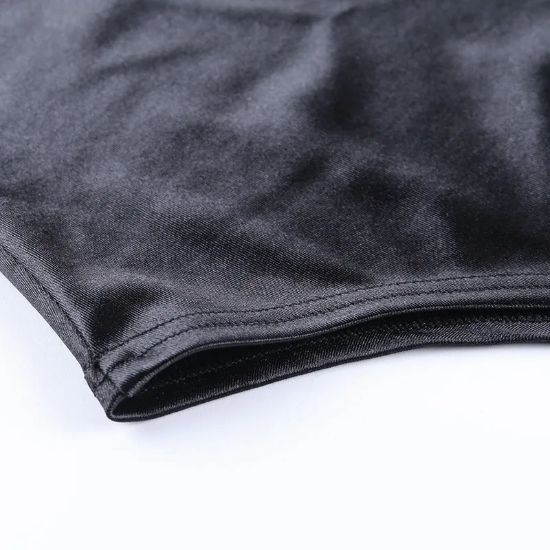 Black Satin Turtleneck Long Puff Sleeve Bodysuit