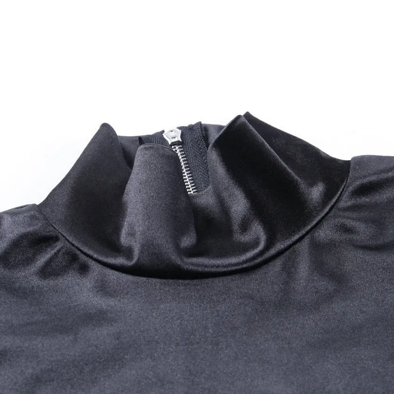Black Satin Turtleneck Long Puff Sleeve Bodysuit