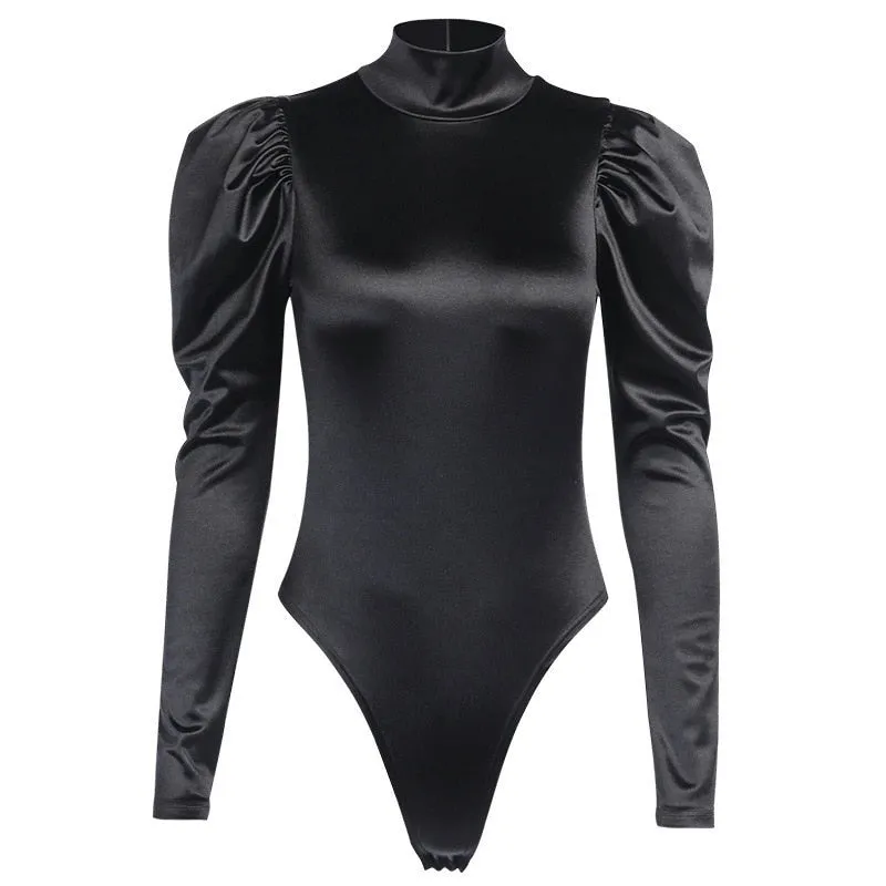 Black Satin Turtleneck Long Puff Sleeve Bodysuit