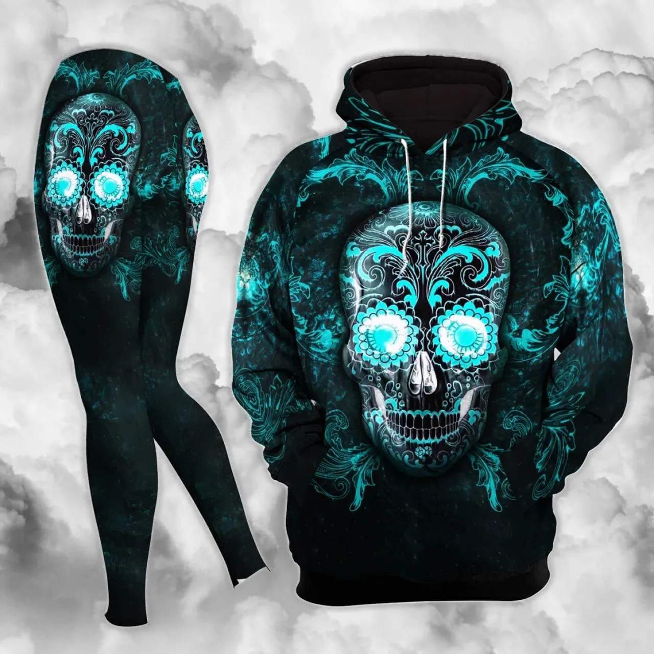 Blue Dark Sugar Skull Combo Hoodie and Leggings