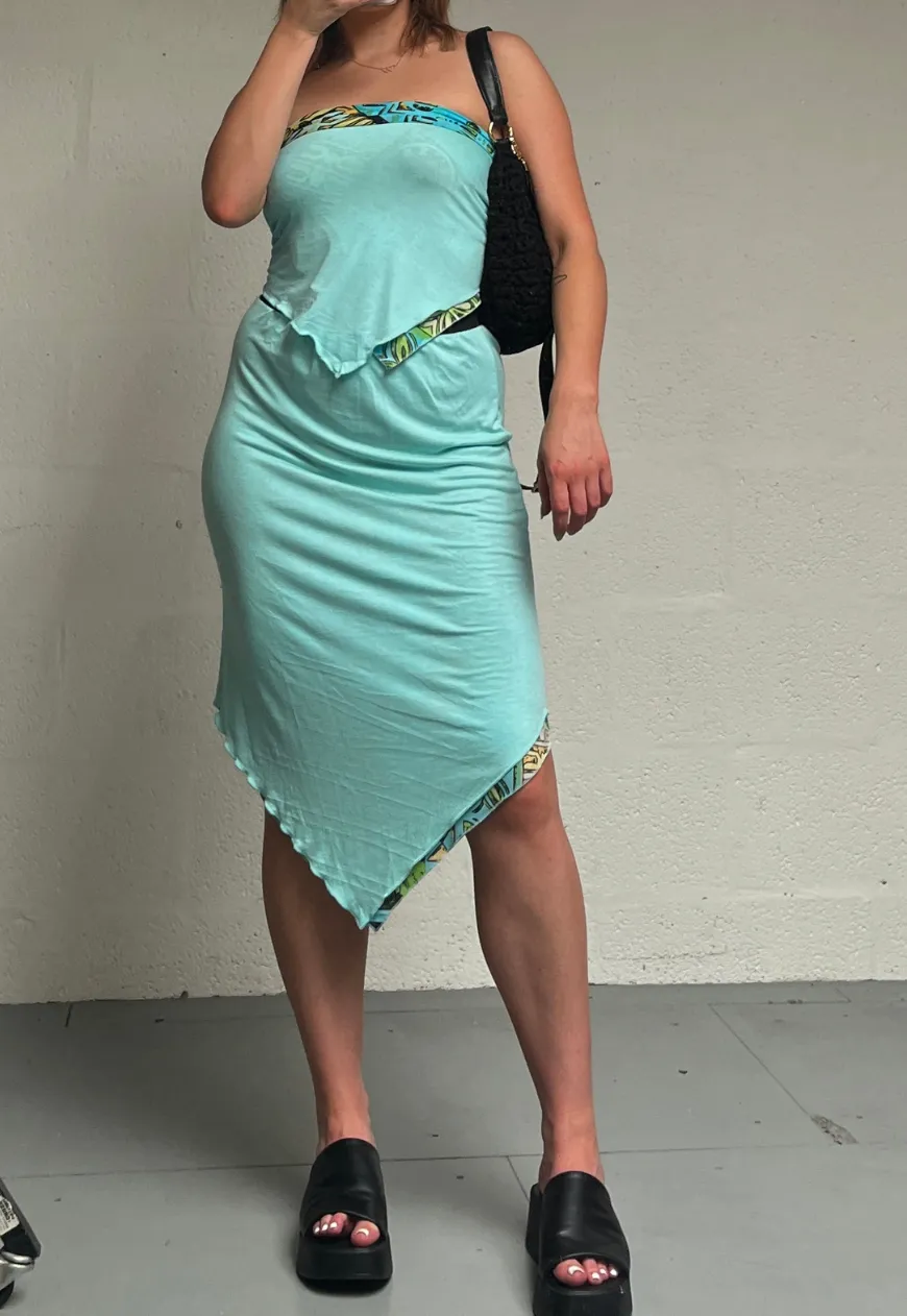 BLUE MOSAIC/ AQUA REVERSIBLE POINTED HEM SKIRT