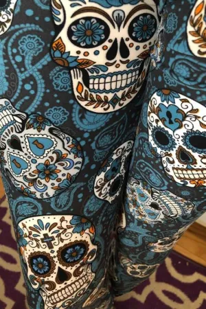 Blue Paisley Skulls Leggings (Super Soft)