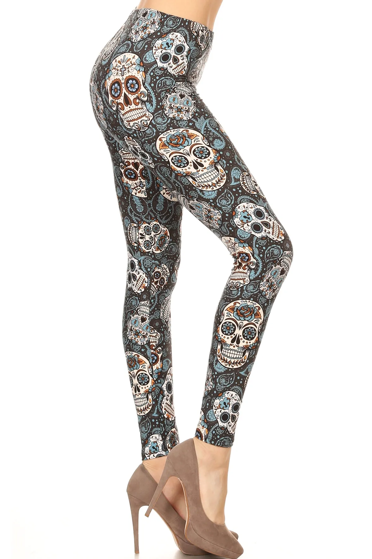 Blue Paisley Skulls Leggings (Super Soft)