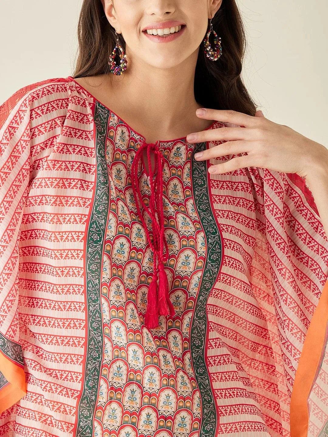 Coral Ethnic Motif Printed Kaftan Kurta
