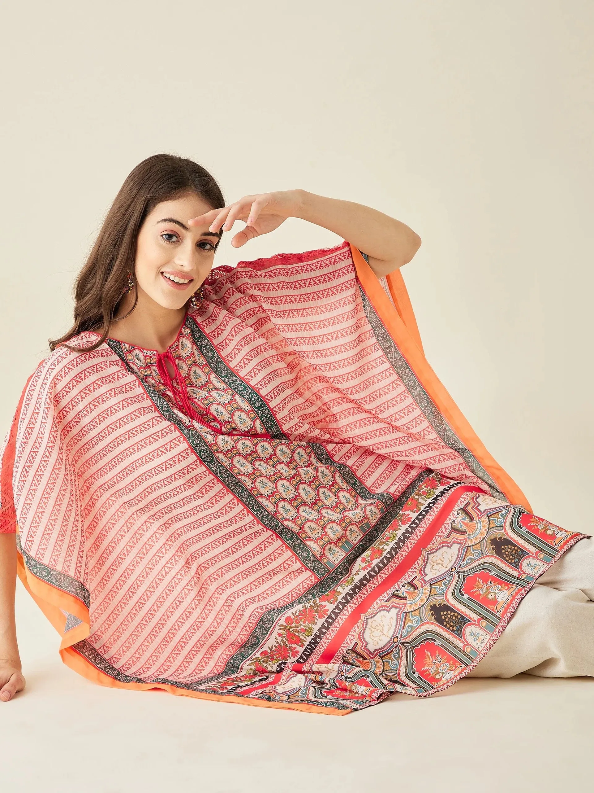 Coral Ethnic Motif Printed Kaftan Kurta