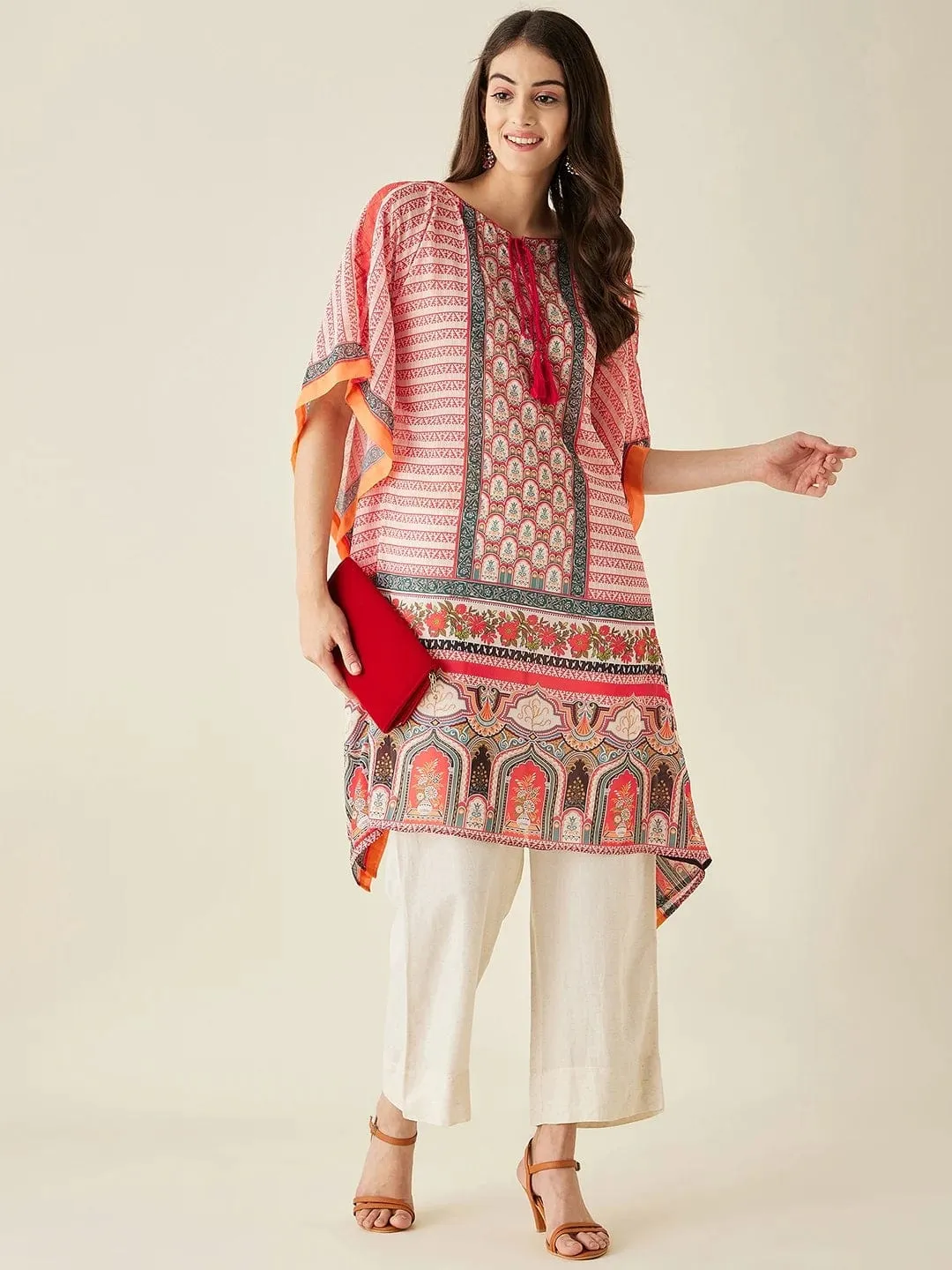 Coral Ethnic Motif Printed Kaftan Kurta