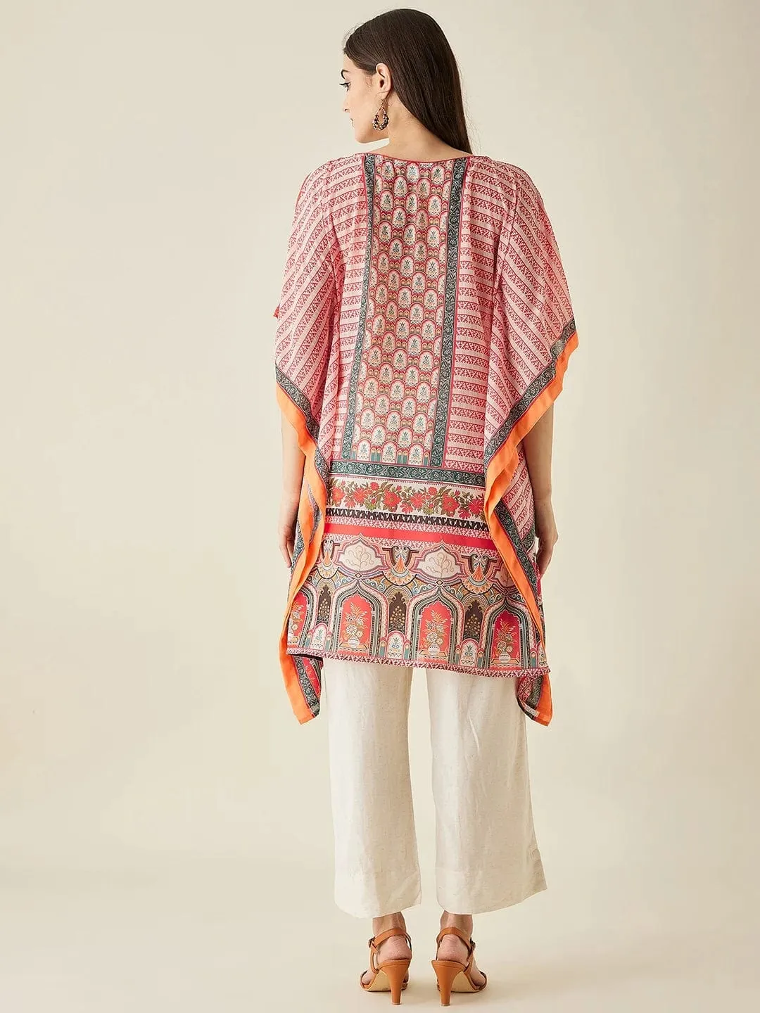 Coral Ethnic Motif Printed Kaftan Kurta