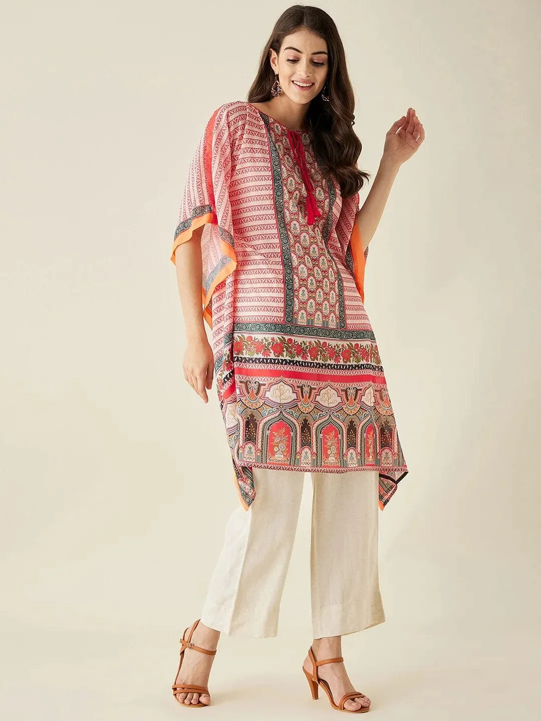 Coral Ethnic Motif Printed Kaftan Kurta