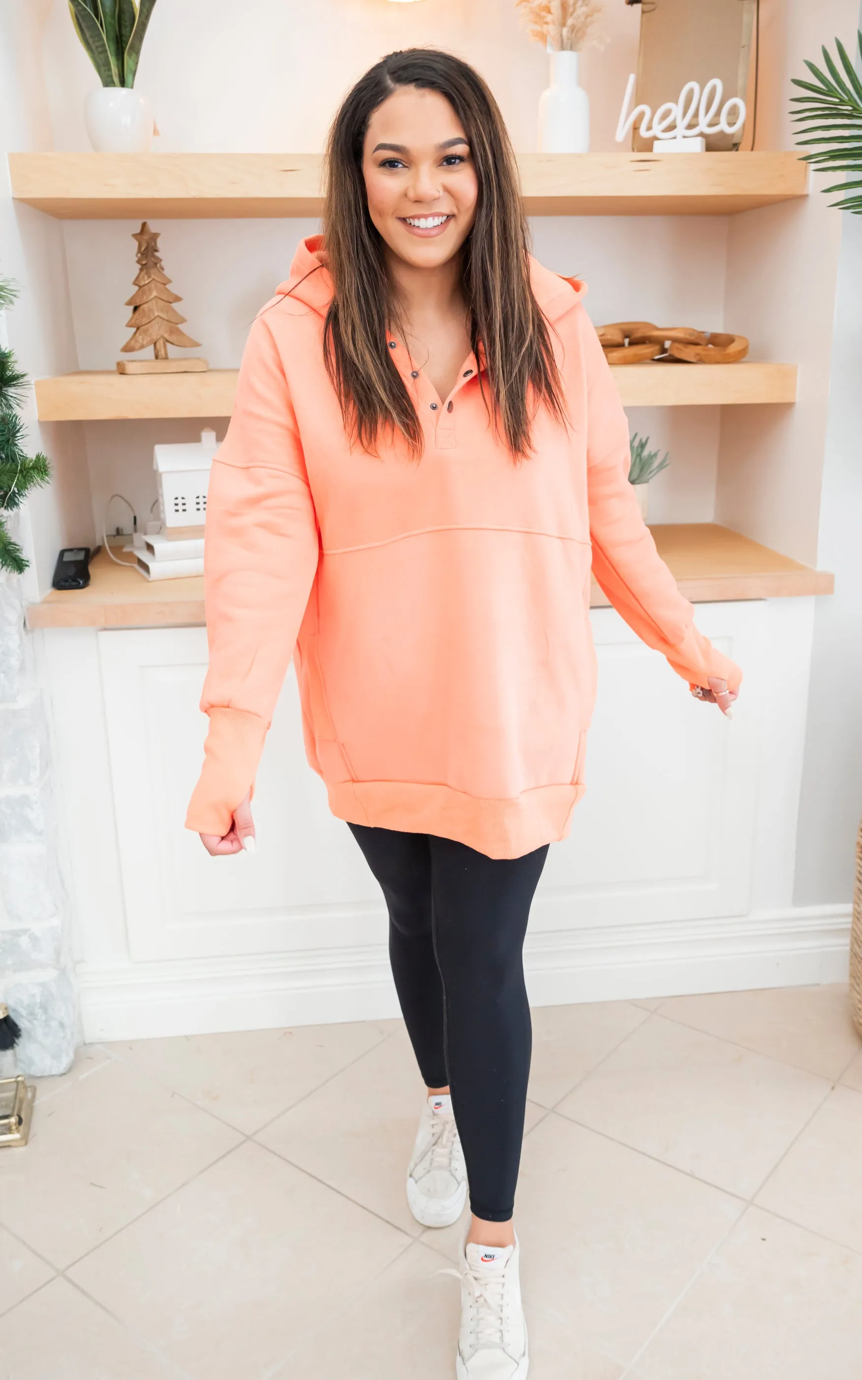 Coral Never Take Off Button Front Tunic Hoodie with Pockets by Salty Wave*