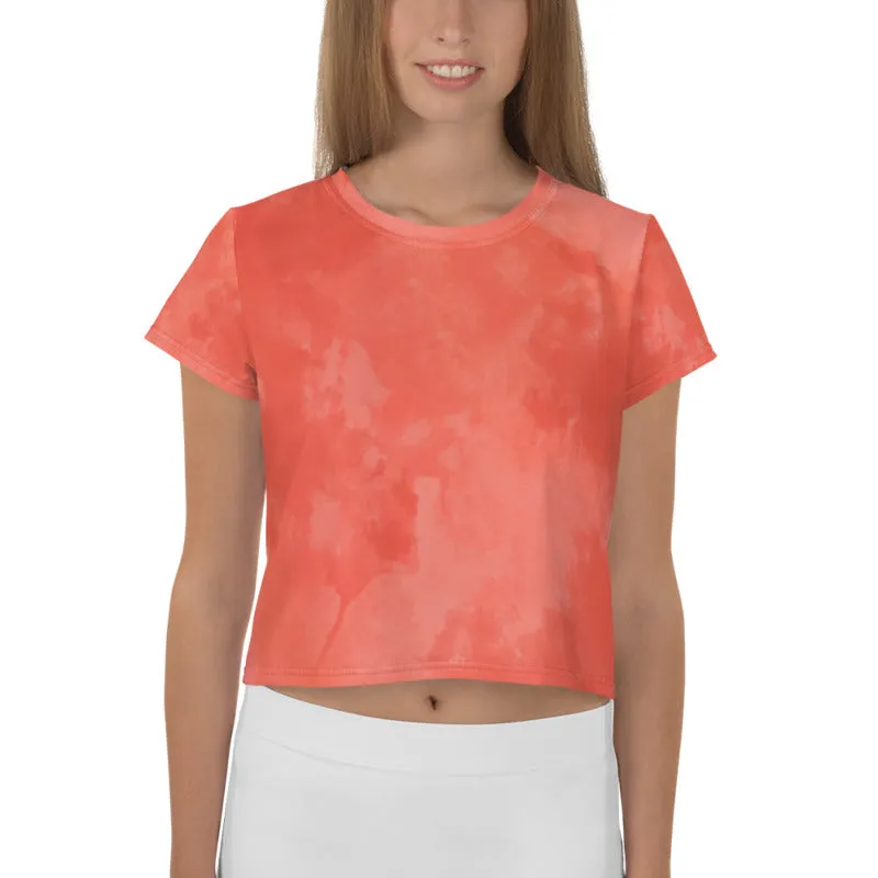 Coral Tie Dye Crop Tee, Women's Pink Short Cropped T-shirt-Made in EU (US Size: XS-3XL)