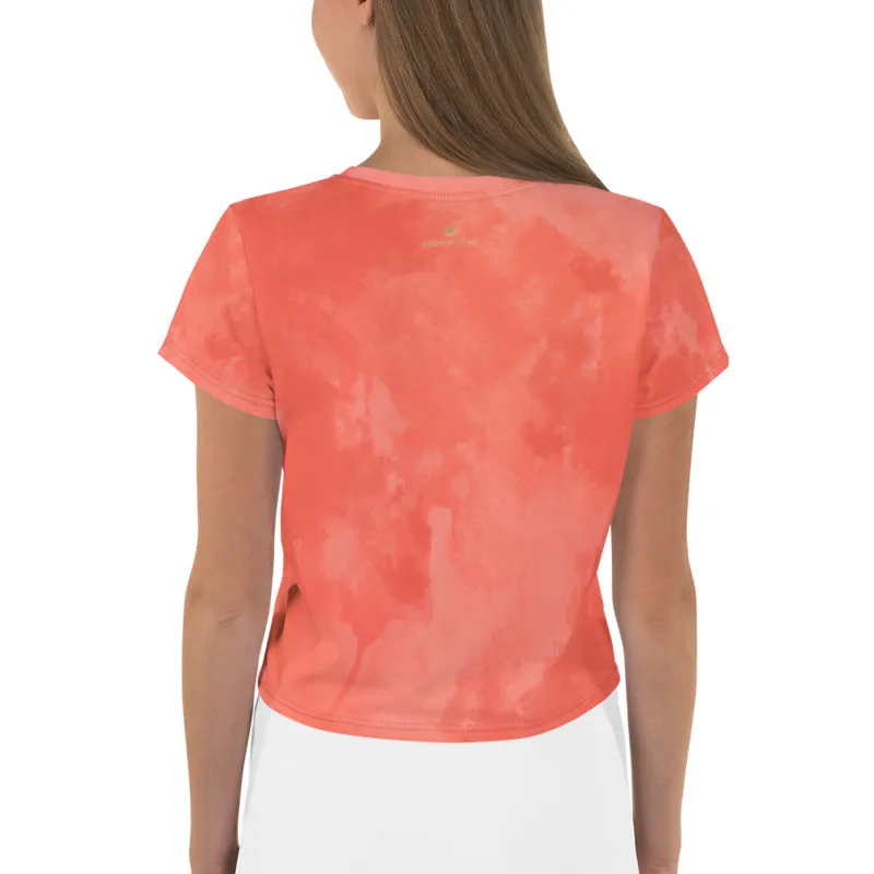 Coral Tie Dye Crop Tee, Women's Pink Short Cropped T-shirt-Made in EU (US Size: XS-3XL)