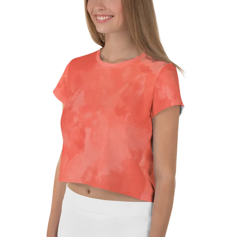 Coral Tie Dye Crop Tee, Women's Pink Short Cropped T-shirt-Made in EU (US Size: XS-3XL)