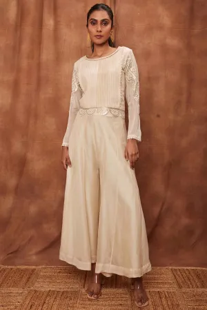 Cream Pintuck Silk Top & Pants