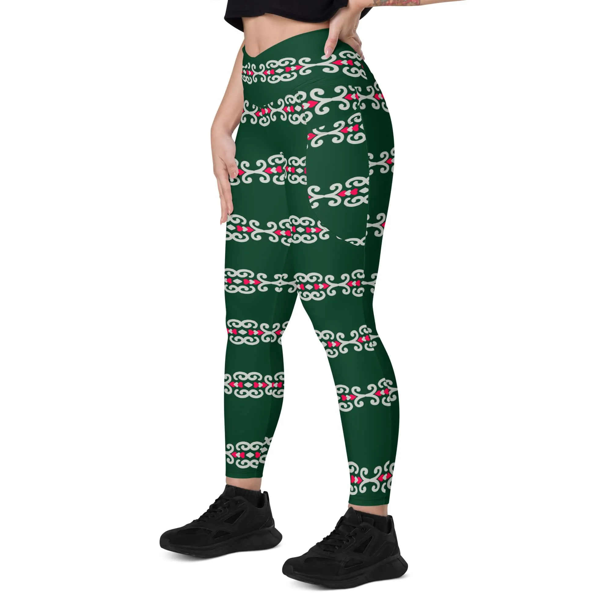 Crossover Green Leggings with Pockets