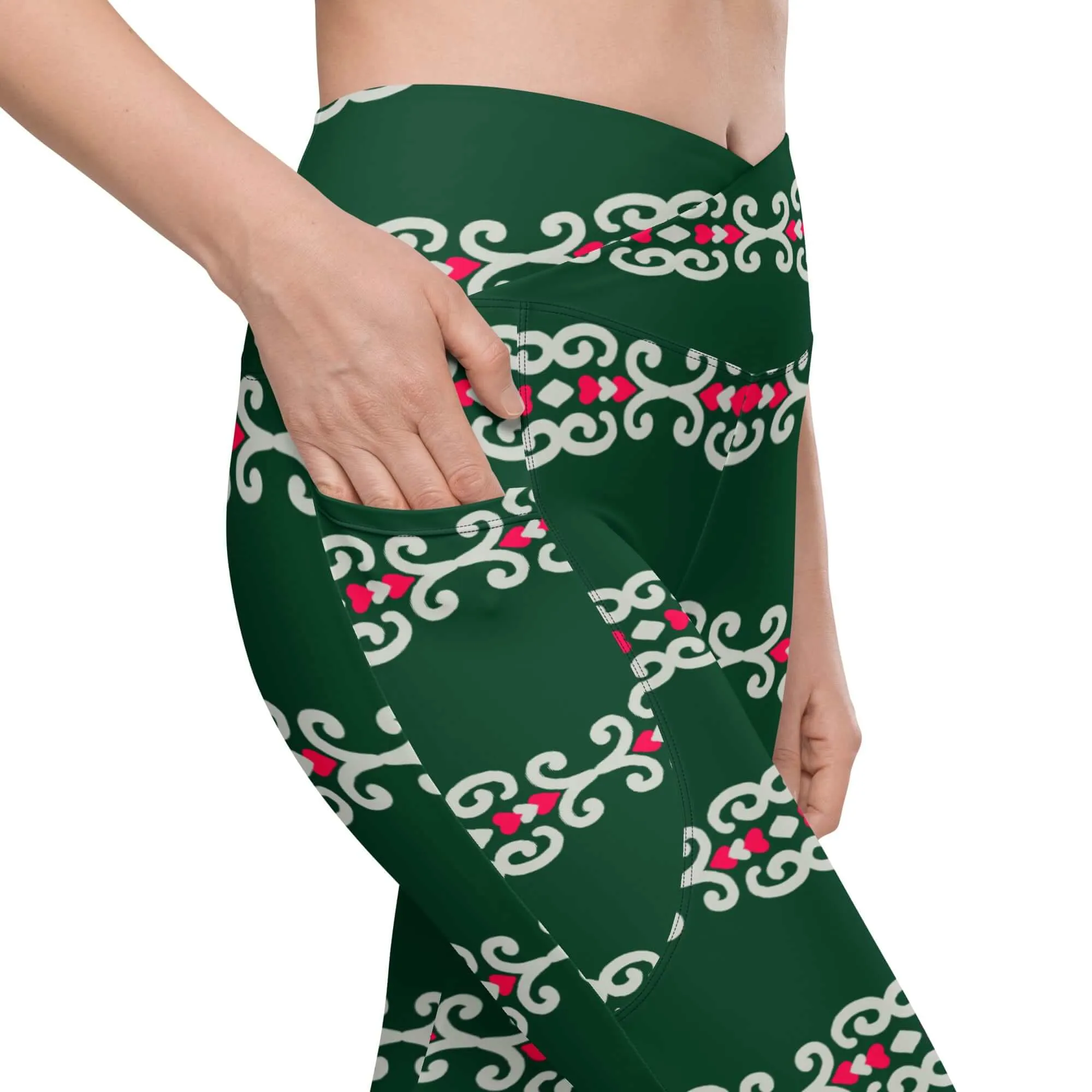 Crossover Green Leggings with Pockets