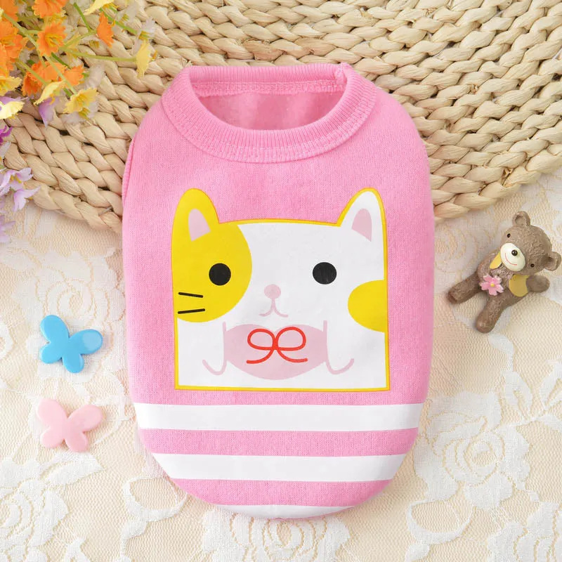 Cute Cat Cartoon Print Pink Spring Small Dog Tank Top