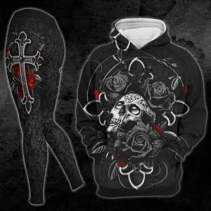 Dark Skull Cross Rose Combo Hoodie and Leggings For Women