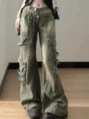Dermearne 1 Loose Retro Washed Cargo Jeans Streetwear Women Zipper Baggy Pants Hiphop Straight Pants Multi-pocket Wide Leg Jeans Women