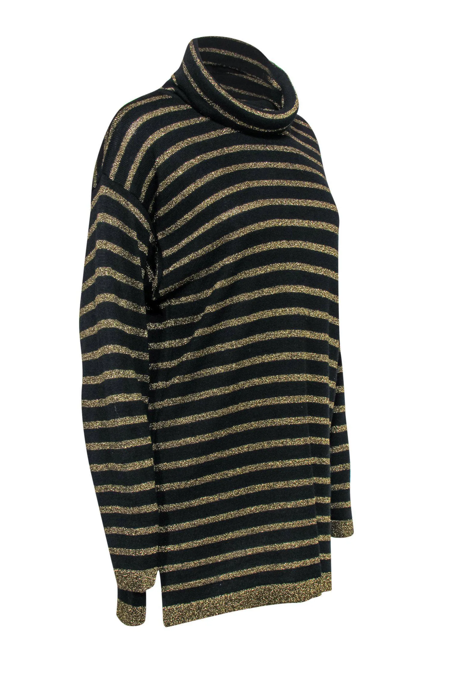 Doncaster - Black & Gold Striped Longline Knit Turtleneck Sweater Sz M