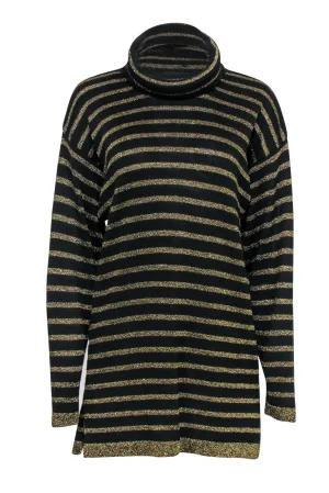 Doncaster - Black & Gold Striped Longline Knit Turtleneck Sweater Sz M