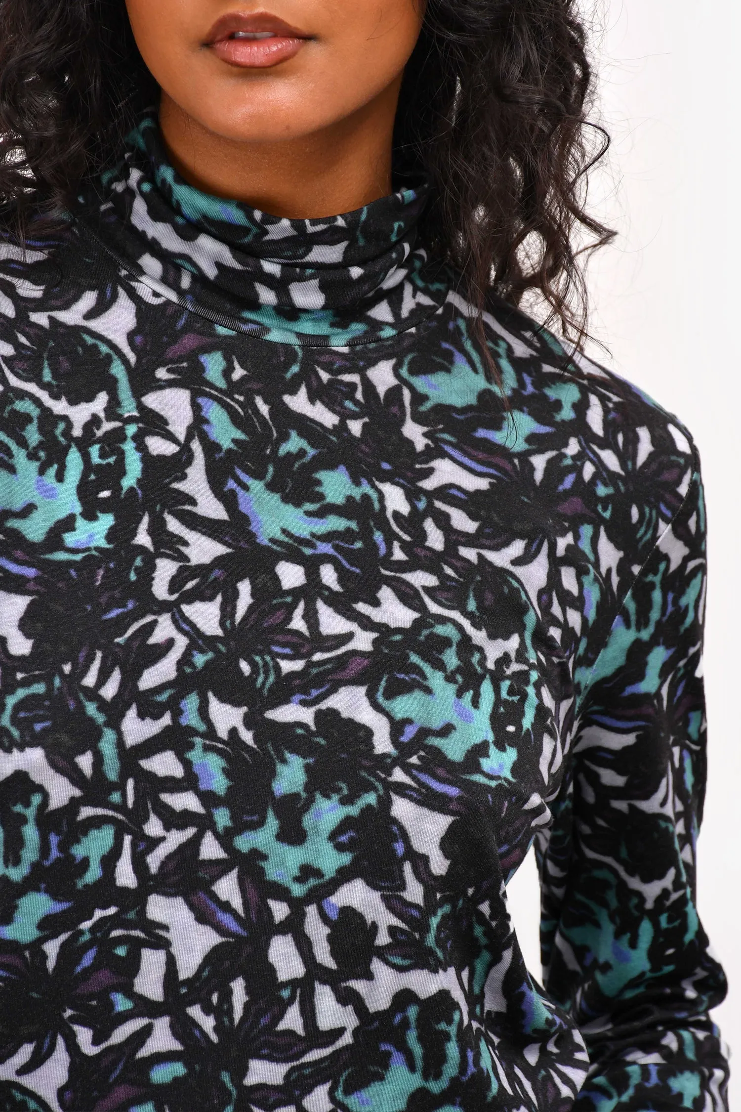 Dries Van Noten Teal Printed Turtleneck Top Size L