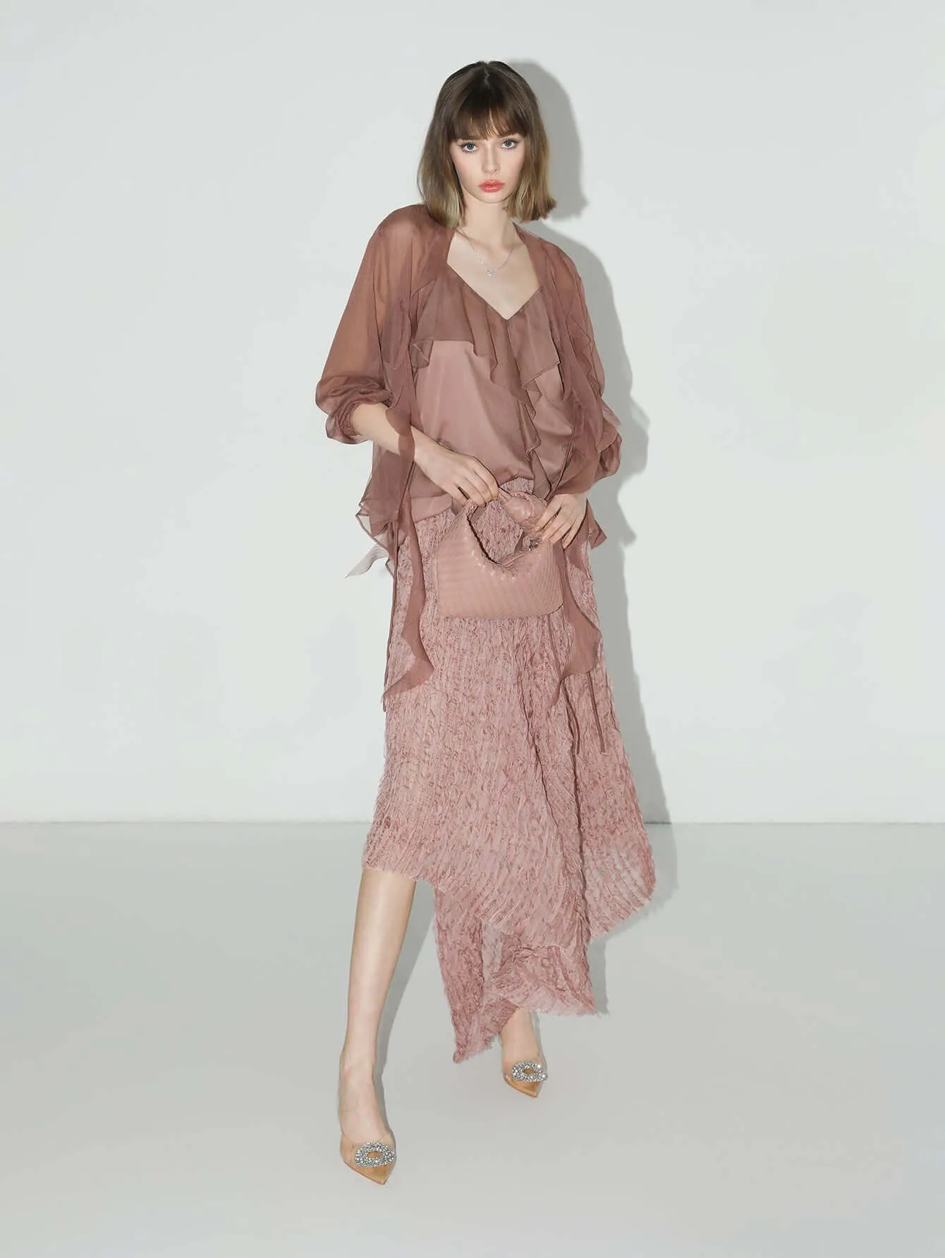 Dusty Pink Pleated Asymmetrical A-Line Chiffon Skirt