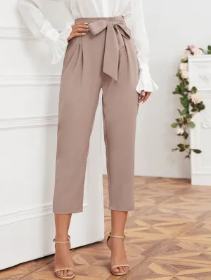 Elegant Plain Belted High Waist Cropped Women Pants