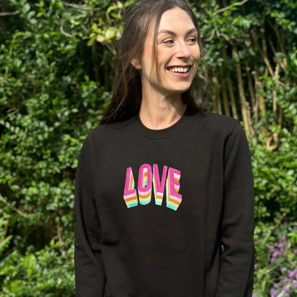 Embroidered Love on Black Sweatshirt