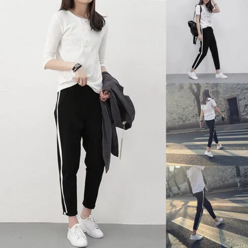 Fashion Women Side Stripes Sweatpants Black Casual Trousers Hip Hop Jogger Pants
