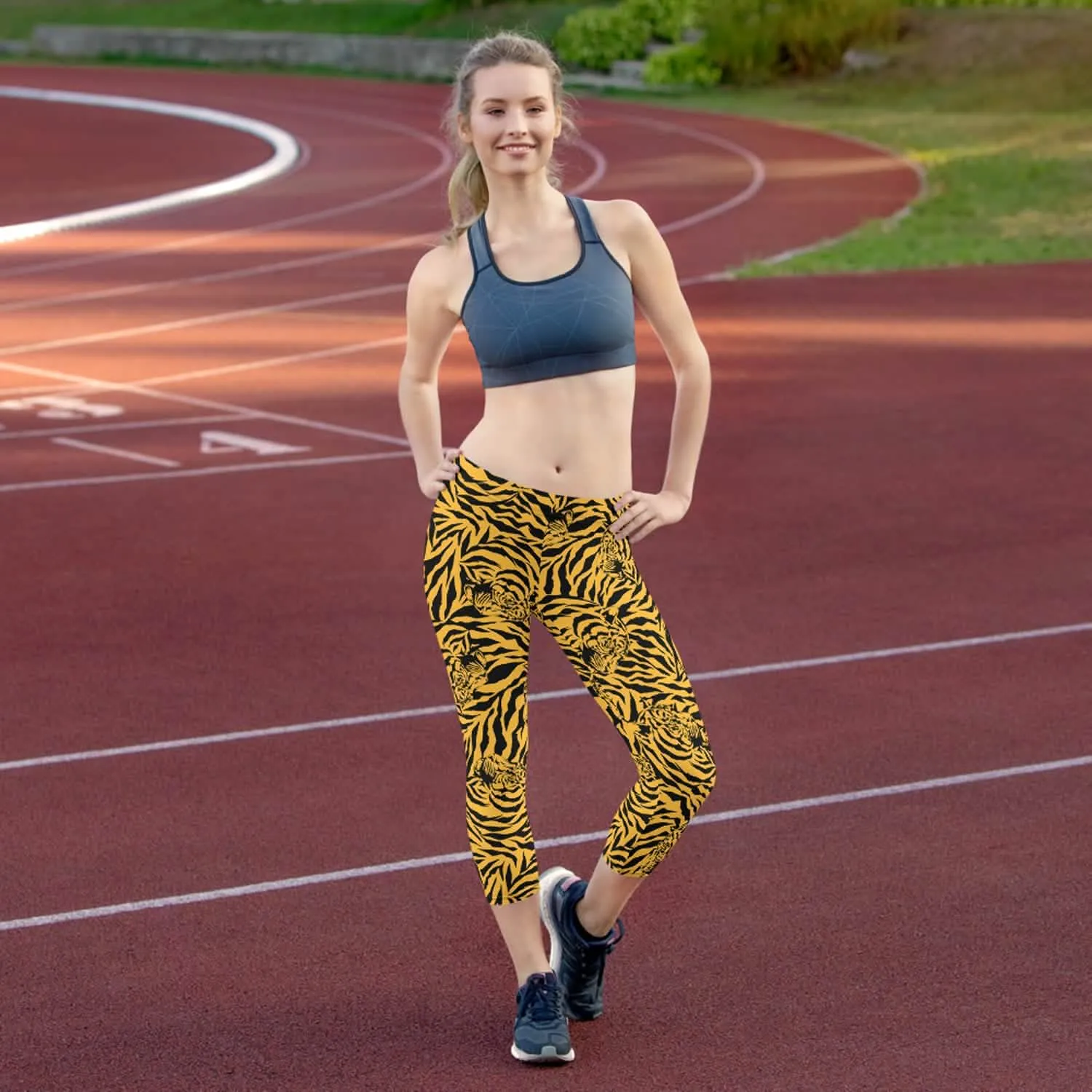 Fierce Yellow Tiger Print Active Capri Leggings for Women