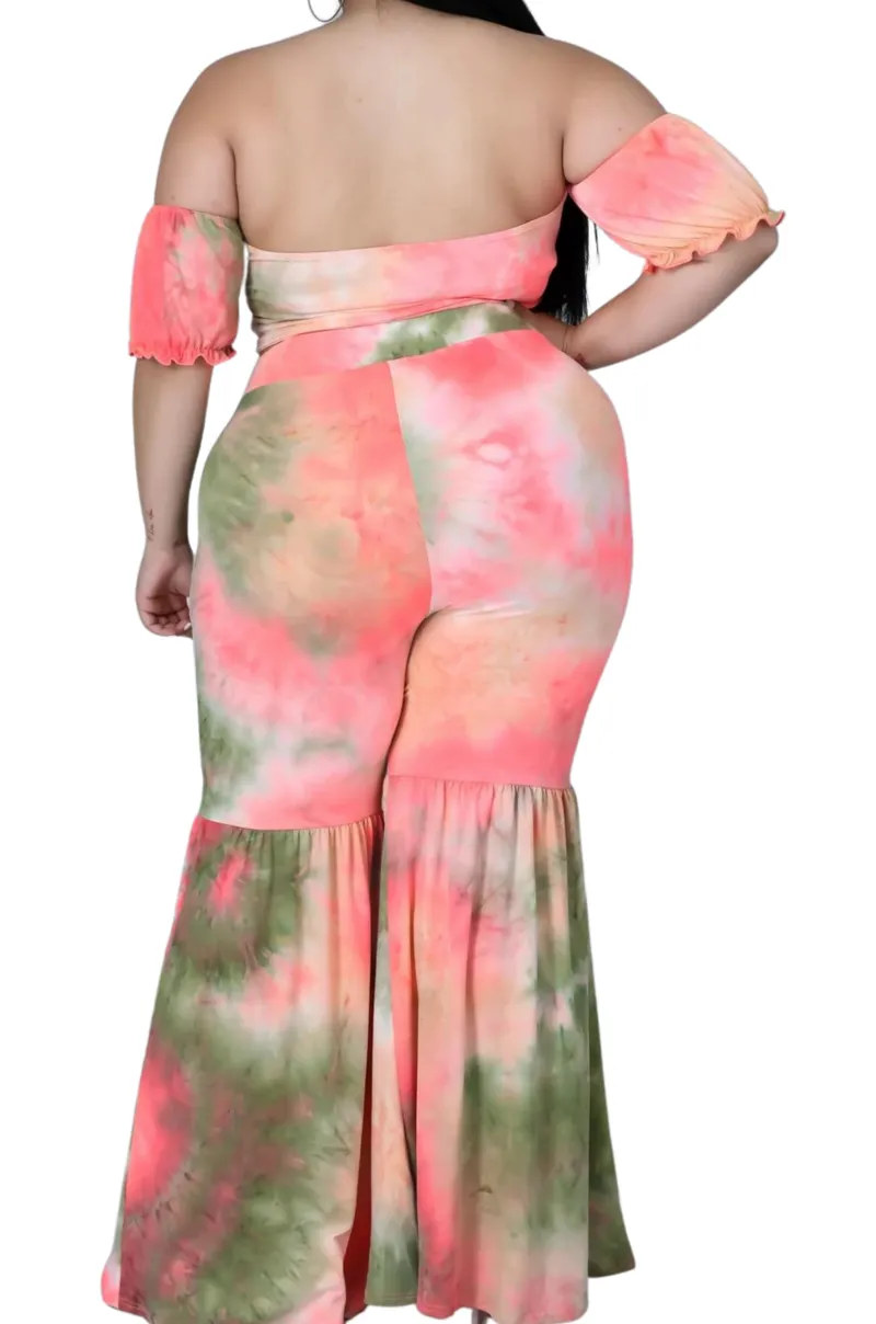 Final Sale Plus Size 2pc Set Crop Top & Flare Bottom Pants in Coral & Olive Tie Dye