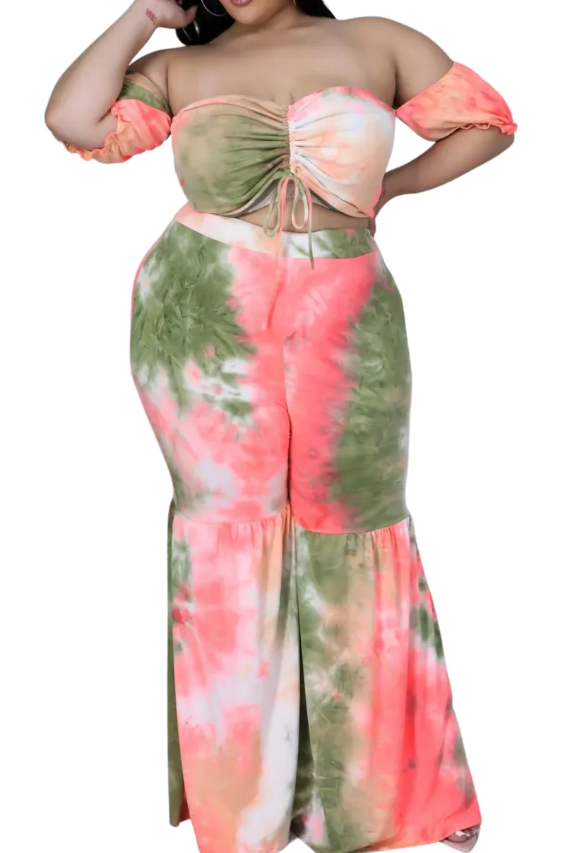 Final Sale Plus Size 2pc Set Crop Top & Flare Bottom Pants in Coral & Olive Tie Dye