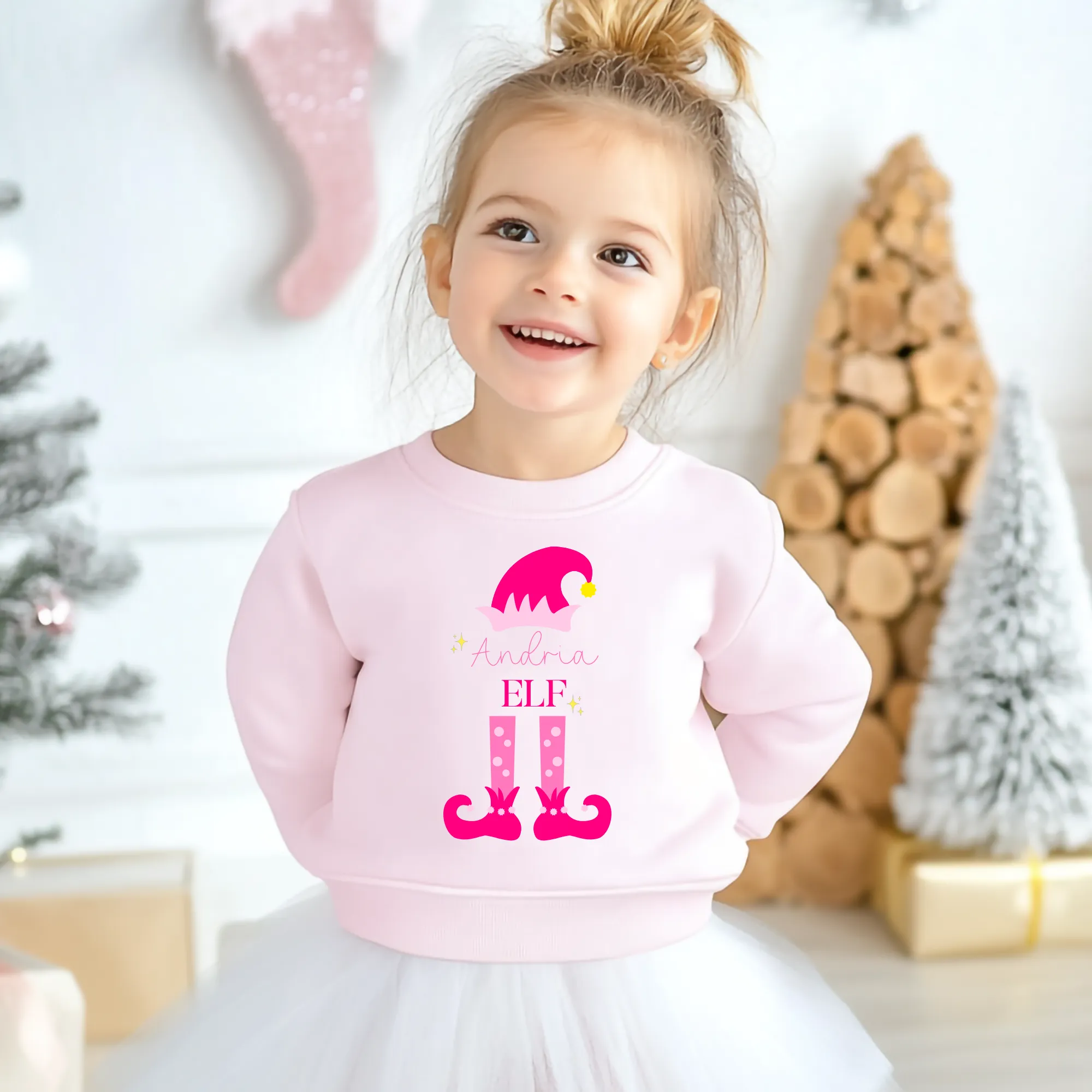 Girls' Custom Christmas Sweatshirt, Pink Christmas Elf Sweatshirt