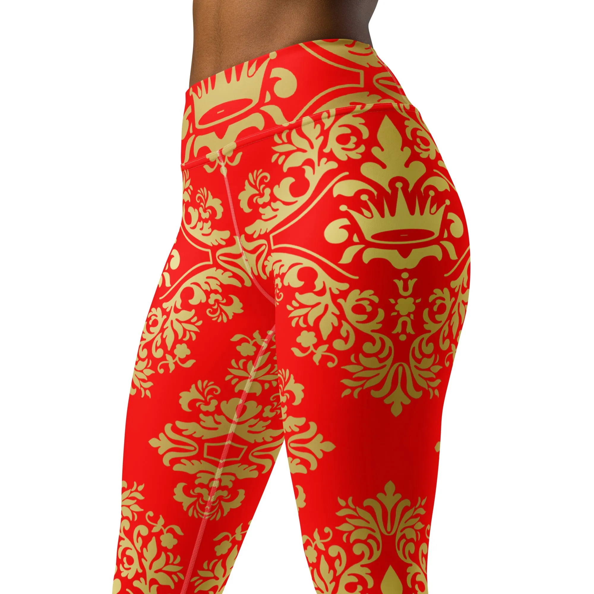 Gold and Red Crown Design Yoga Leggings, lioness-love