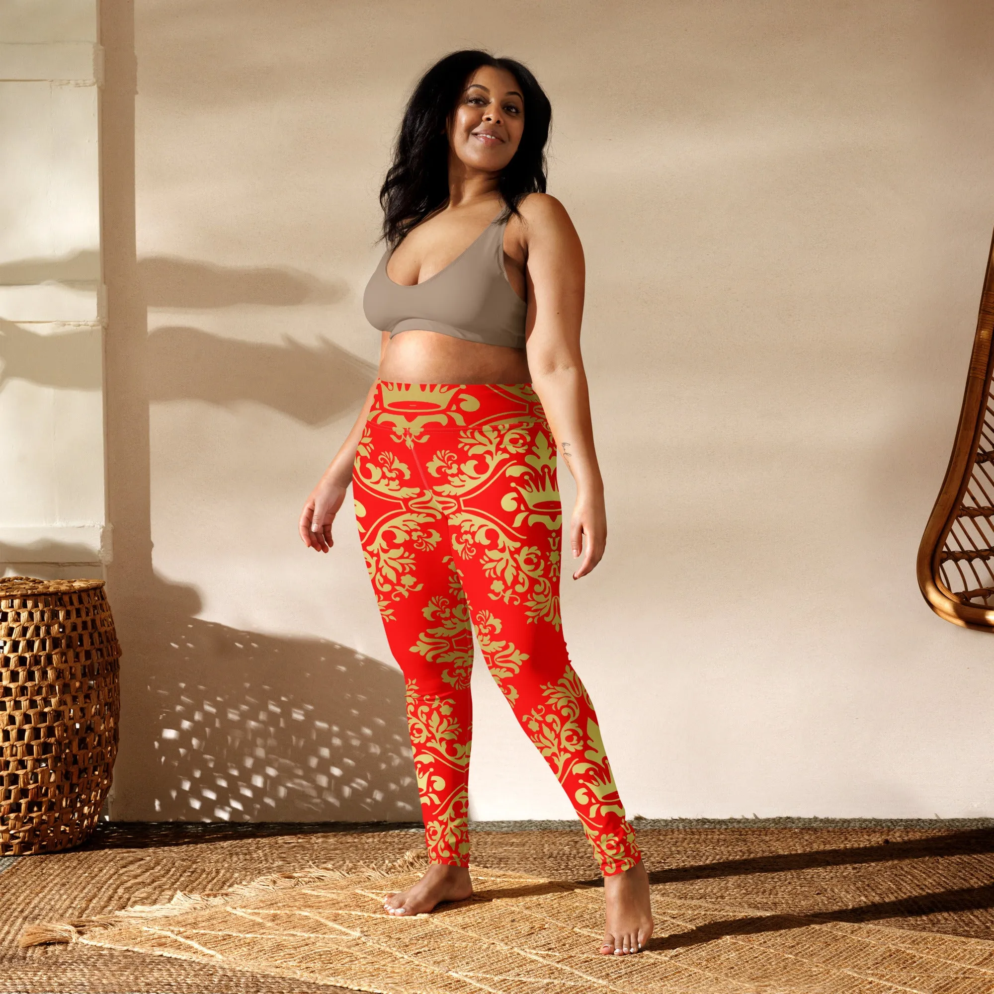 Gold and Red Crown Design Yoga Leggings, lioness-love