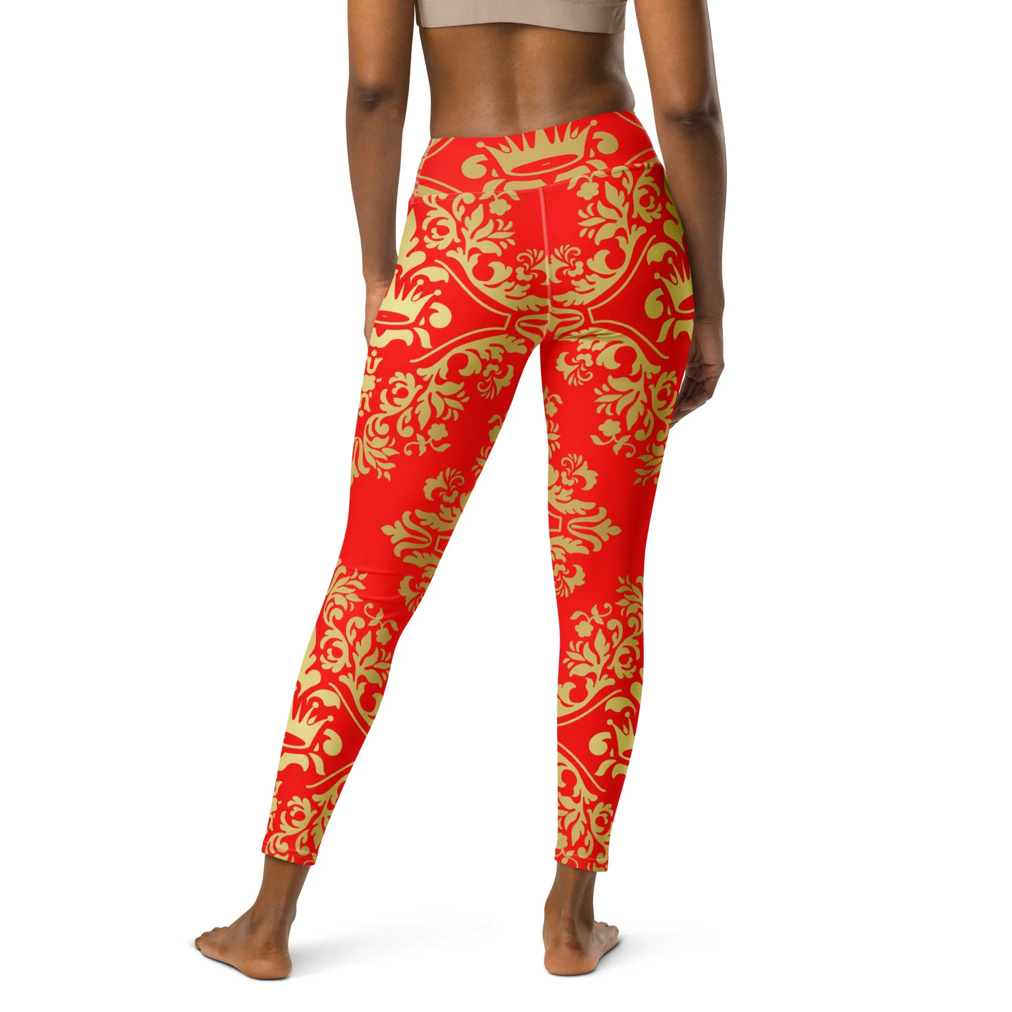 Gold and Red Crown Design Yoga Leggings, lioness-love