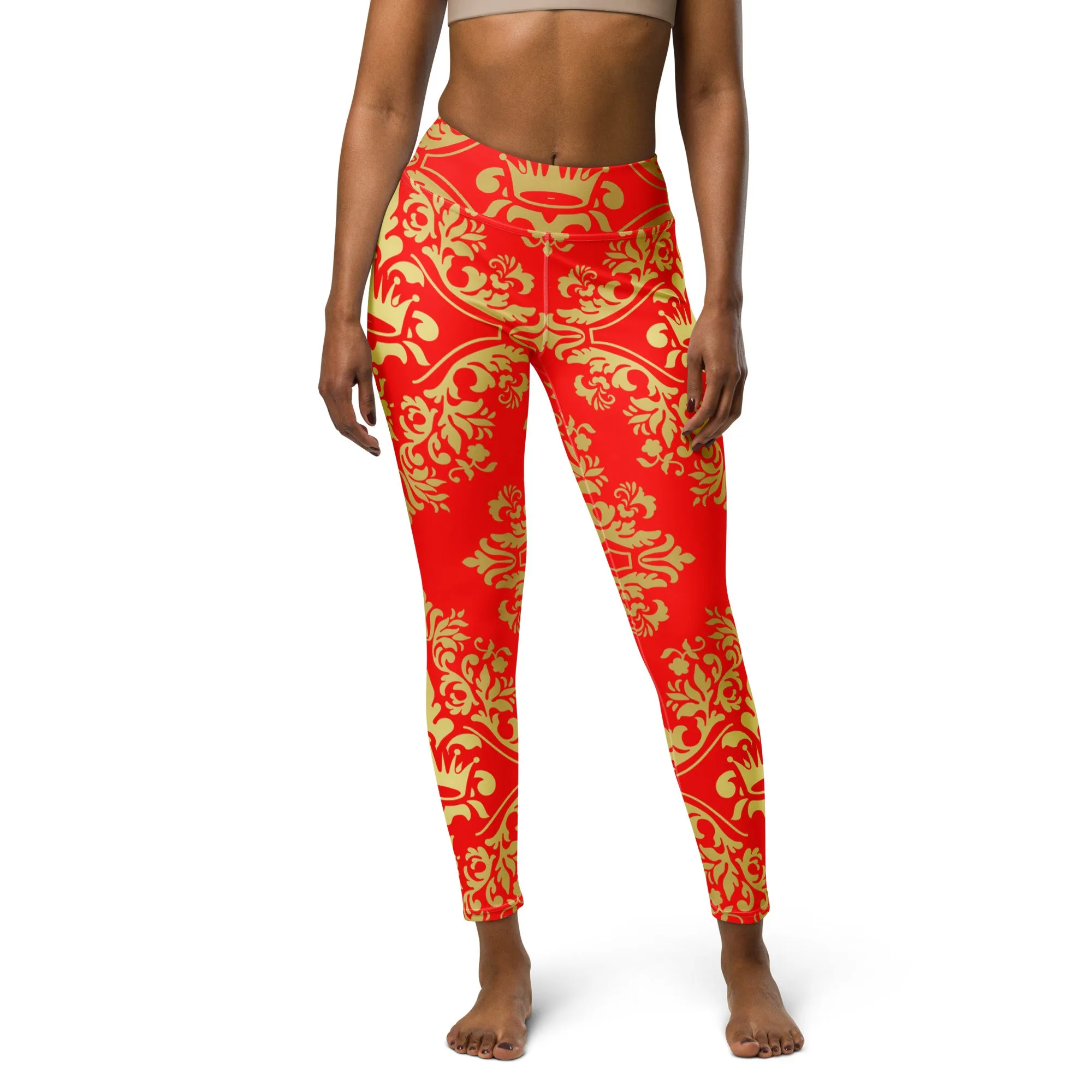 Gold and Red Crown Design Yoga Leggings, lioness-love