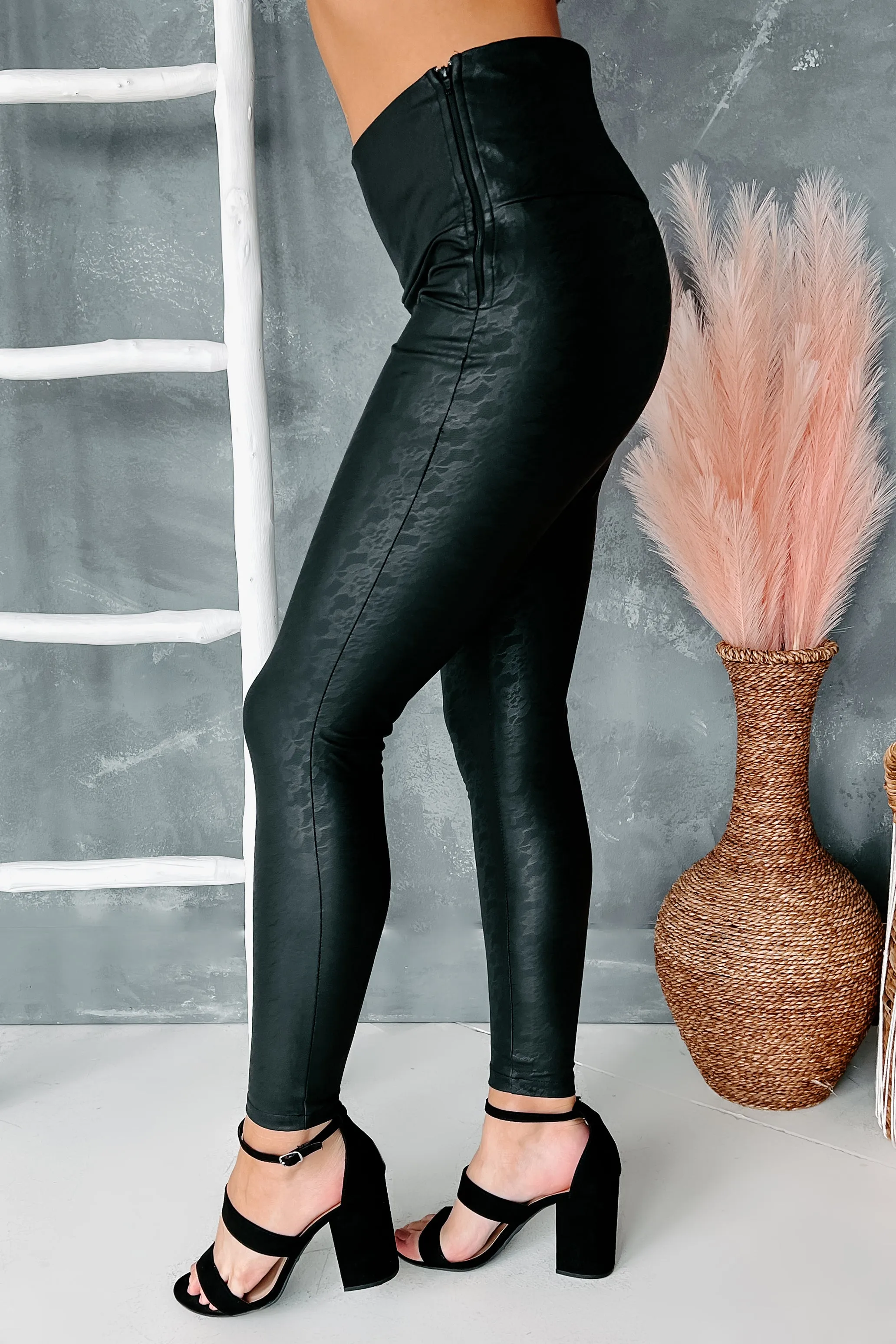 Gorgeously Graceful Faux Leather Lace Leggings (Black)
